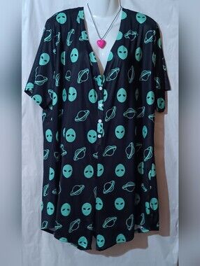 Shorts Button Front Romper with Mint Alien & Planet Print